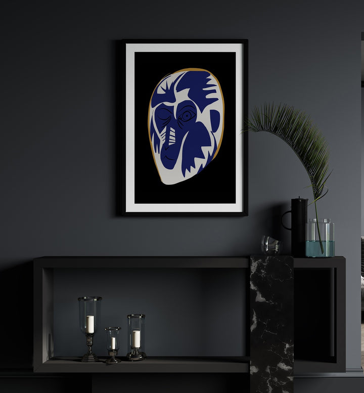 Blue Baboon Abstract Art Painting Artwork in black frame with mount above a console table on a black wall