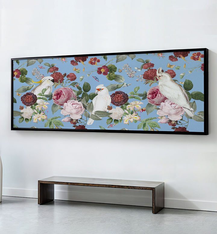 BLUE BOTANICAL COCKATOOS, PANORAMIC ART