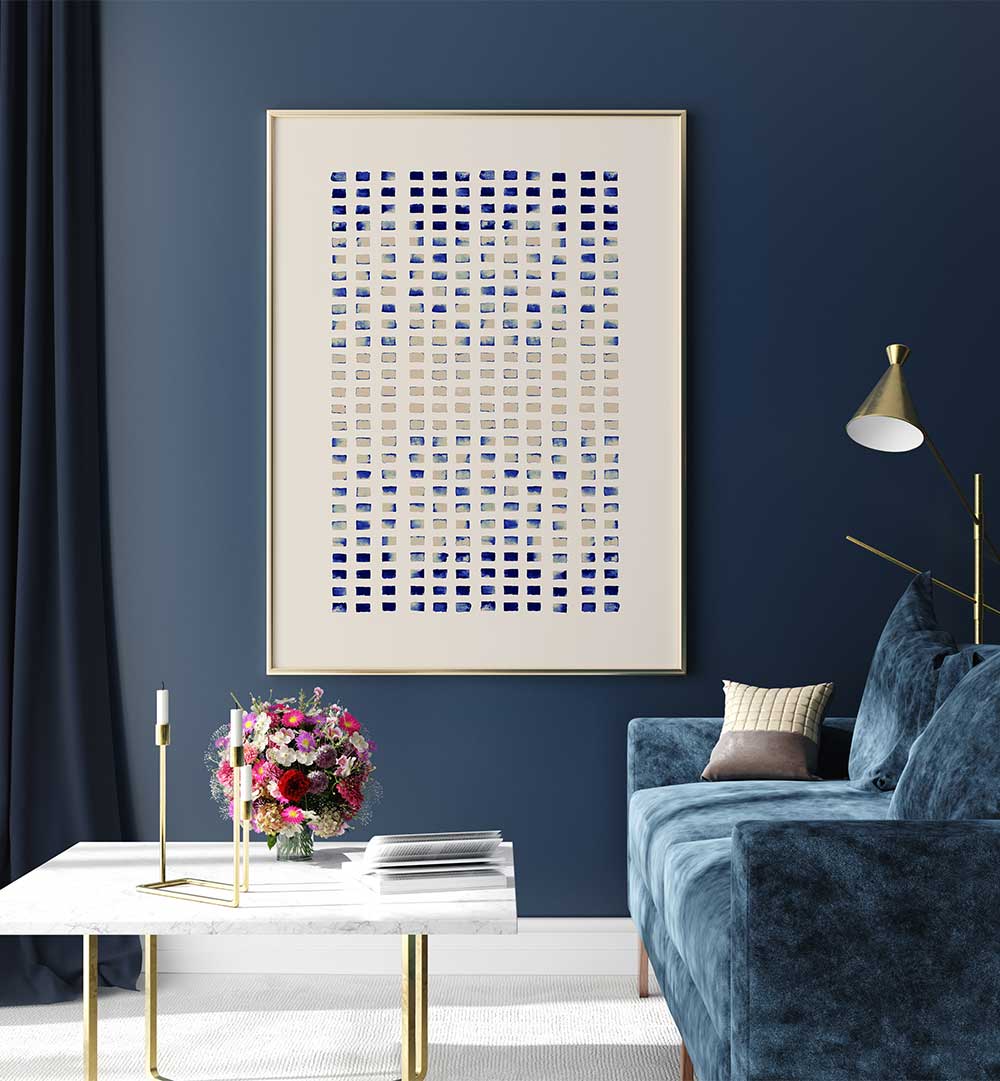 Brighten your space with BLUE CORAL REFLECTING LINES, ABSTRACT PAINTINGS featuring deep blues and coral hues.