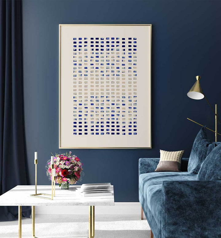 Brighten your space with BLUE CORAL REFLECTING LINES, ABSTRACT PAINTINGS featuring deep blues and coral hues.