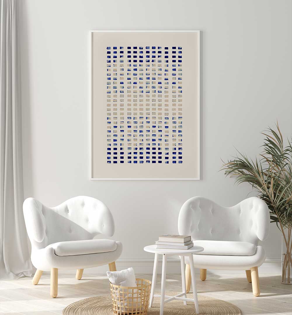 Stylish living room featuring BLUE CORAL REFLECTING LINES, ABSTRACT PAINTINGS, enhancing the modern decor with serenity.