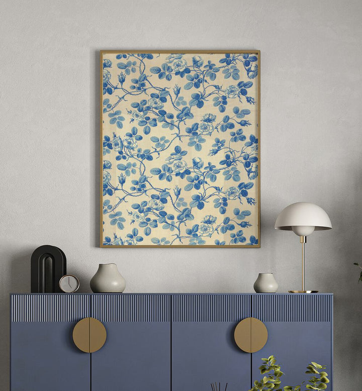 Blue Floral Fabric I  Botanical Flower Paintings Artwork Placed on a wall