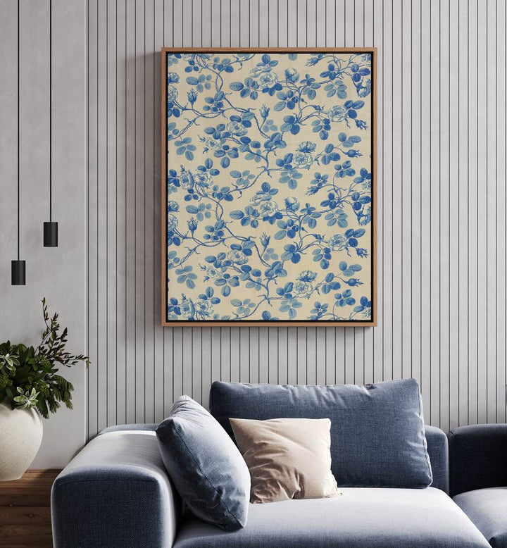 Blue Floral Fabric I  Botanical Flower Paintings Artwork Placed on a wall