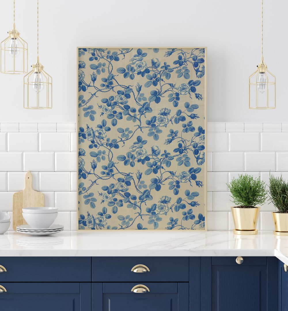 Blue Floral Fabric I  Botanical Flower Paintings Artwork Placed on a wall