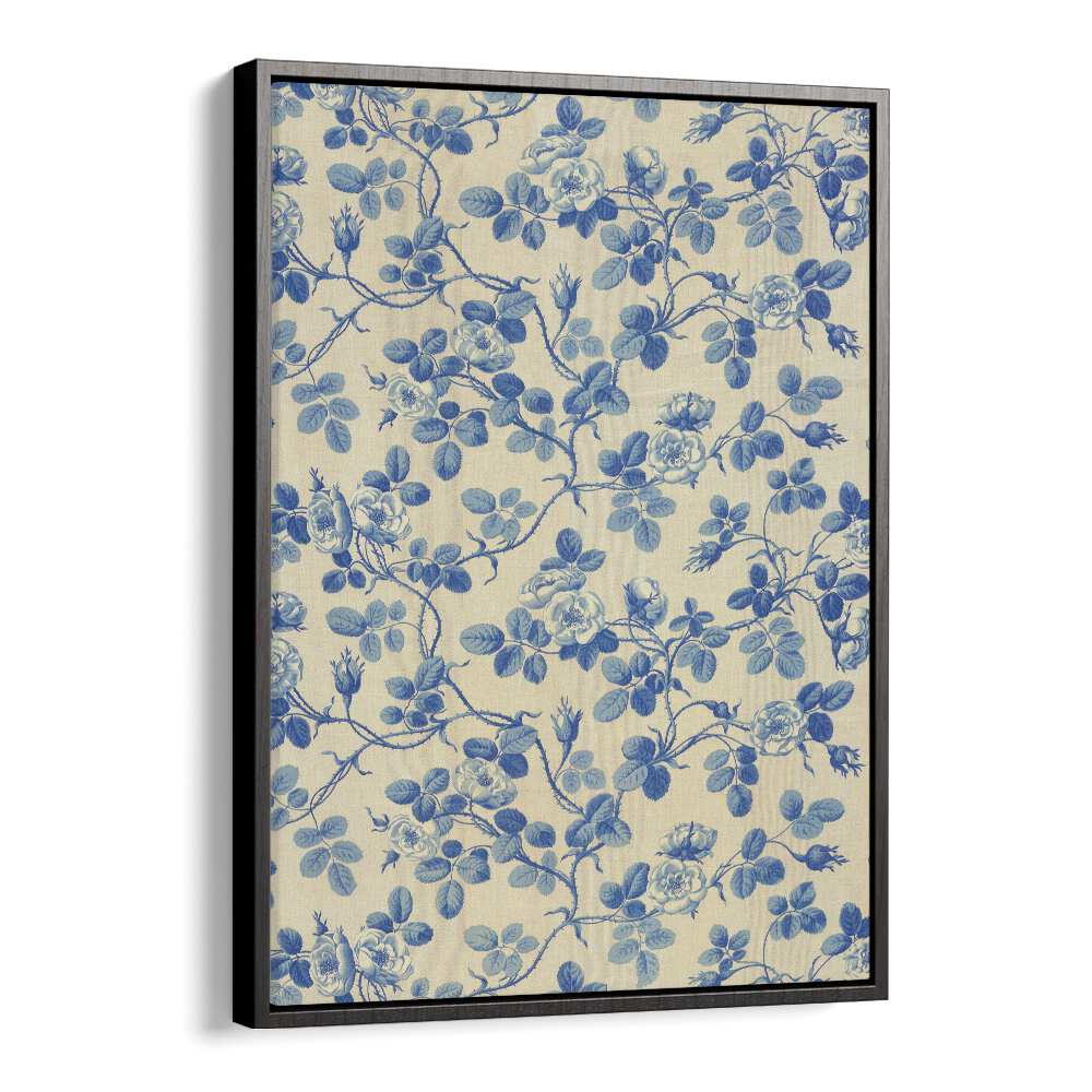 Blue Floral Fabric I Botanical Flower Paintings Artwork  in Black Floater Frame