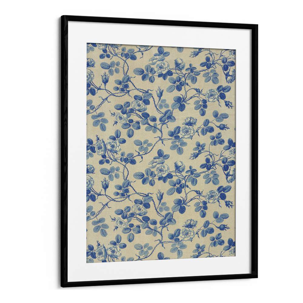 Blue Floral Fabric I Botanical Flower Paintings Artwork  in Black Frame With Mount