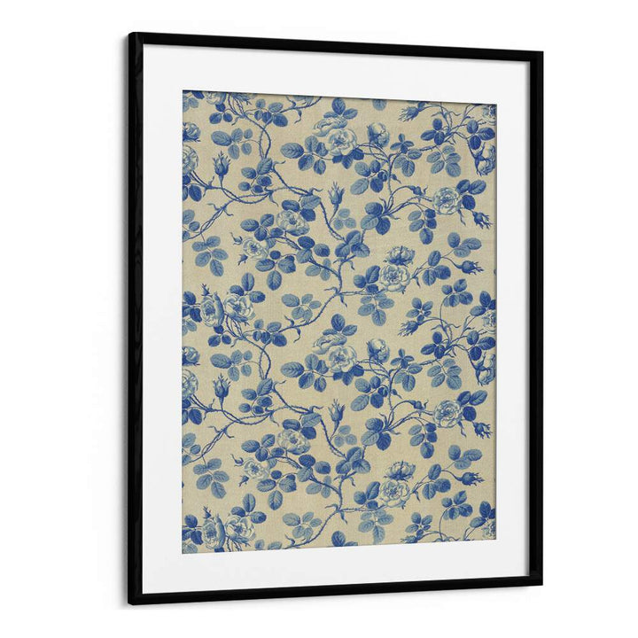 Blue Floral Fabric I Botanical Flower Paintings Artwork  in Black Frame With Mount