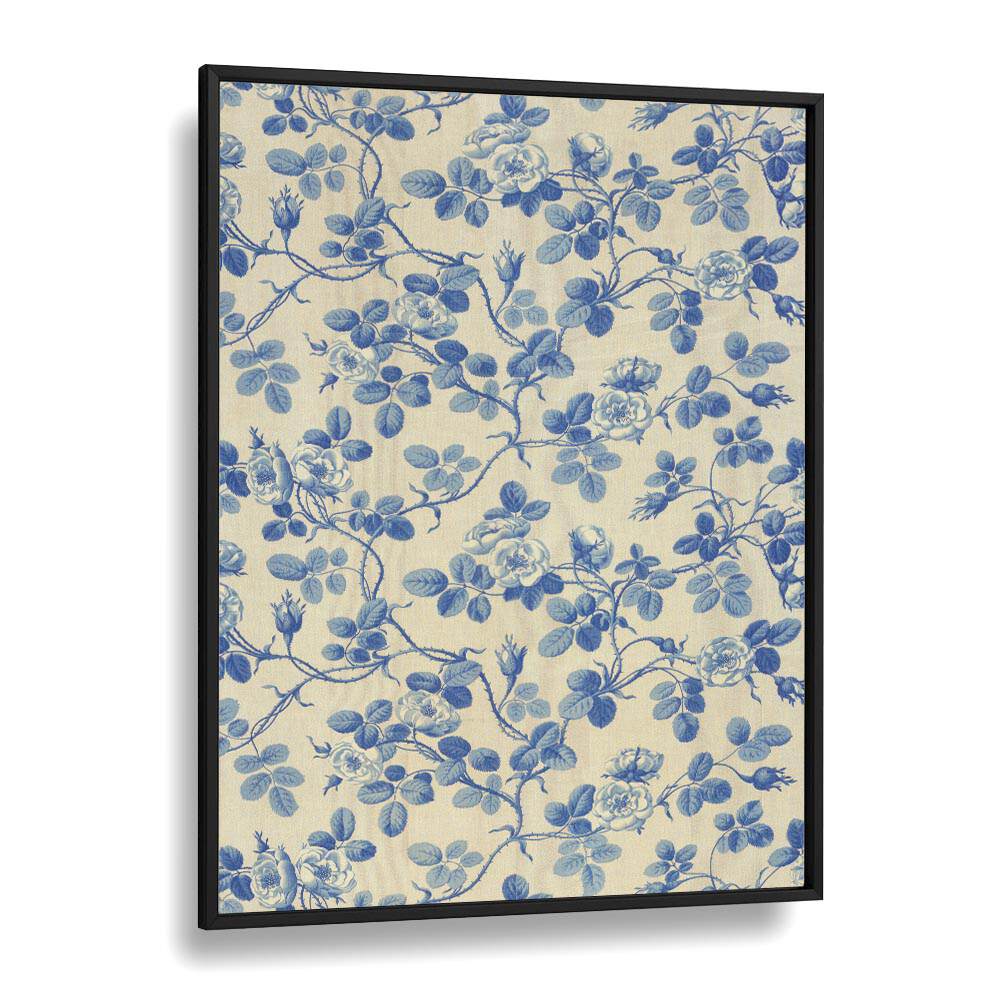 Blue Floral Fabric I Botanical Flower Paintings Artwork  in Black Plain Frame