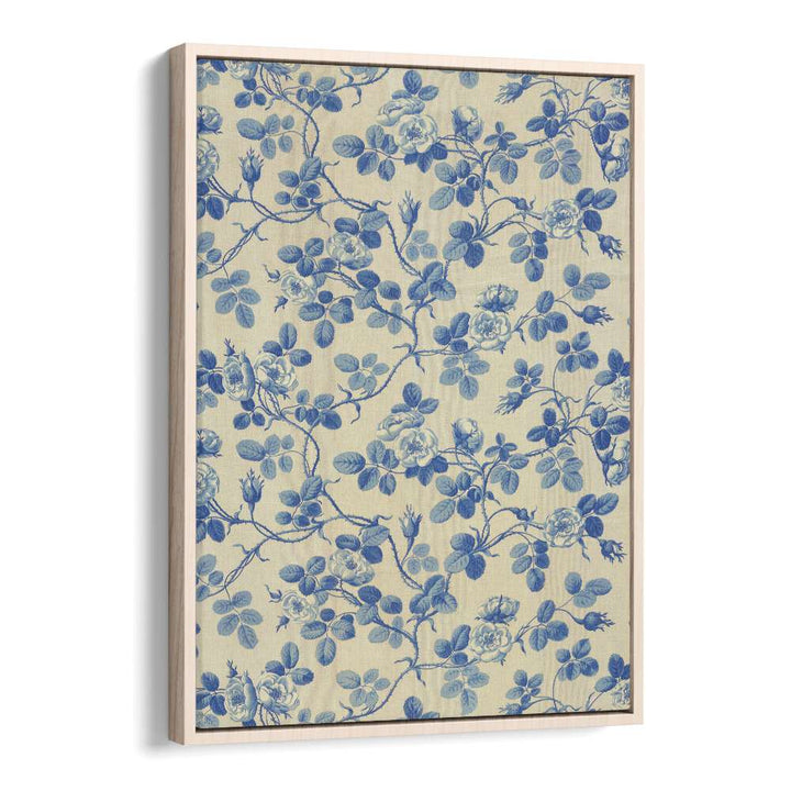 Blue Floral Fabric I Botanical Flower Paintings Artwork in Oak Wood Floater Frame