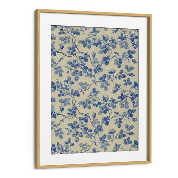 Blue Floral Fabric I Botanical Flower Paintings Artwork in Oak Wood Frame With Mount