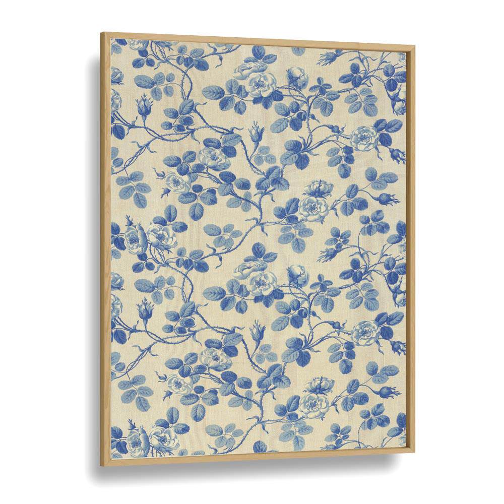 Blue Floral Fabric I Botanical Flower Paintings Artwork in Oak Wood Plain Frame