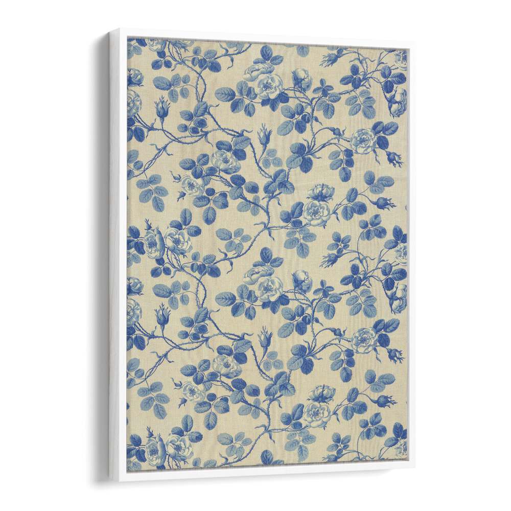 Blue Floral Fabric I Botanical Flower Paintings Artwork  in White Floater Frame