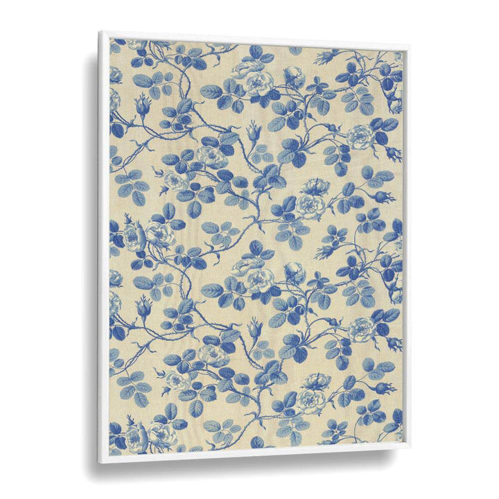 Blue Floral Fabric I Botanical Flower Paintings Artwork  in White Plain Frame