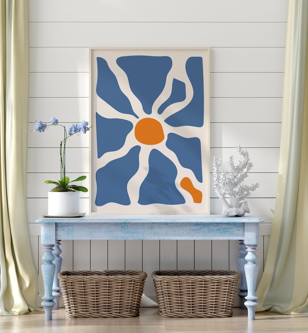 Blue Lagoon I boho wall art painting artwork placed On Table