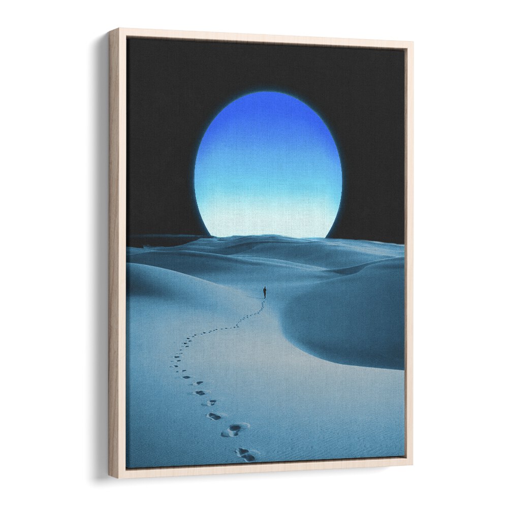 Blue Moon Surreal Painting Artwork in Oak Wood Floater Frame