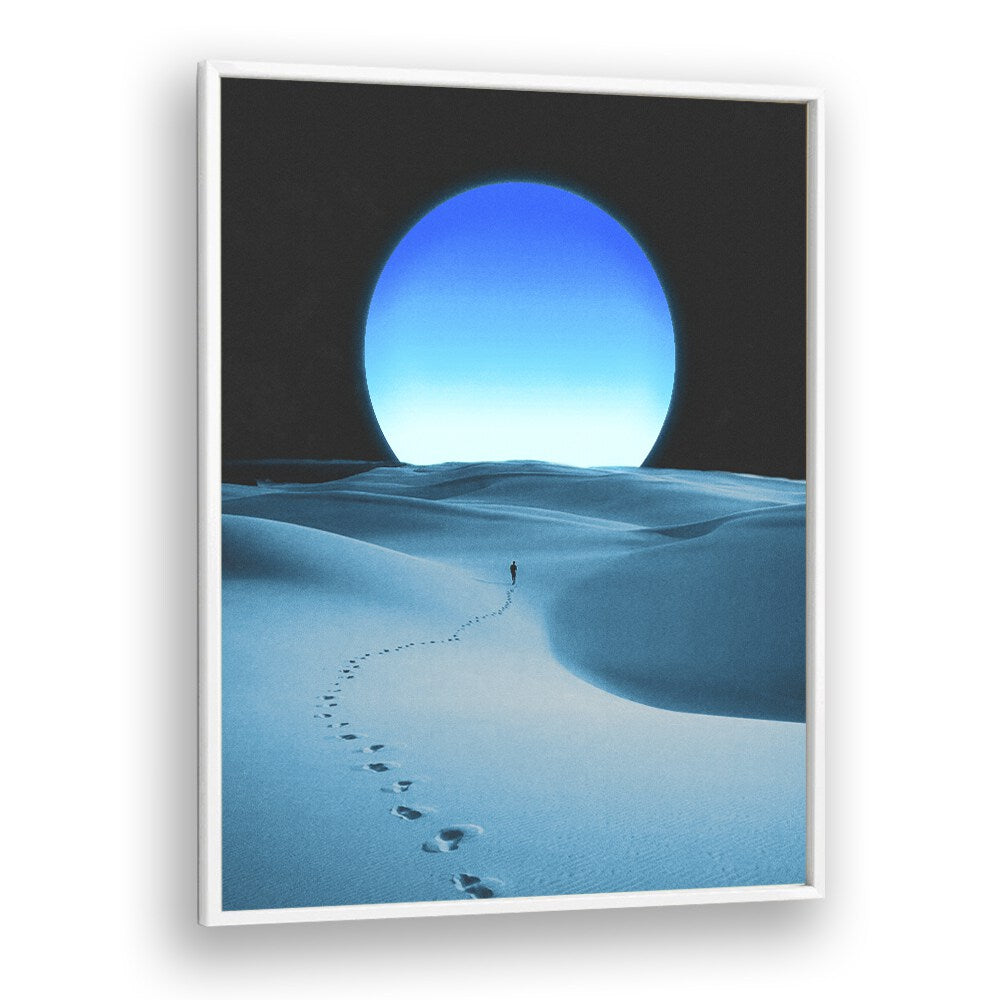 Blue Moon Surreal Painting Artwork in White Plain Frame
