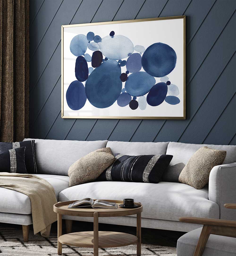 Transform your space with BLUE WATERCOLOR STONES II, ABSTRACT PAINTINGS featuring rich blues and elegant textures.