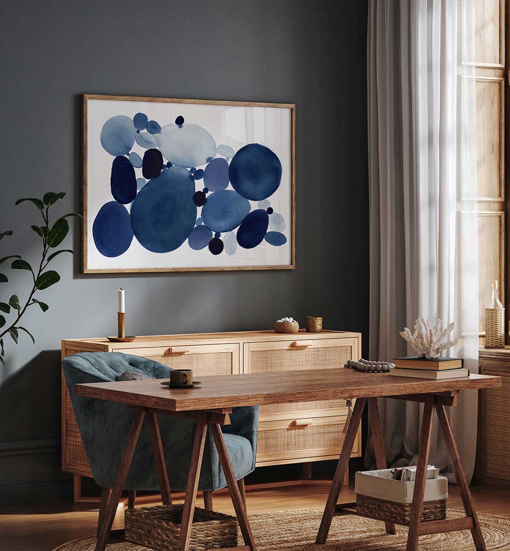 Elegant living space featuring the BLUE WATERCOLOR STONES II, ABSTRACT PAINTINGS, enhancing tranquility and style.