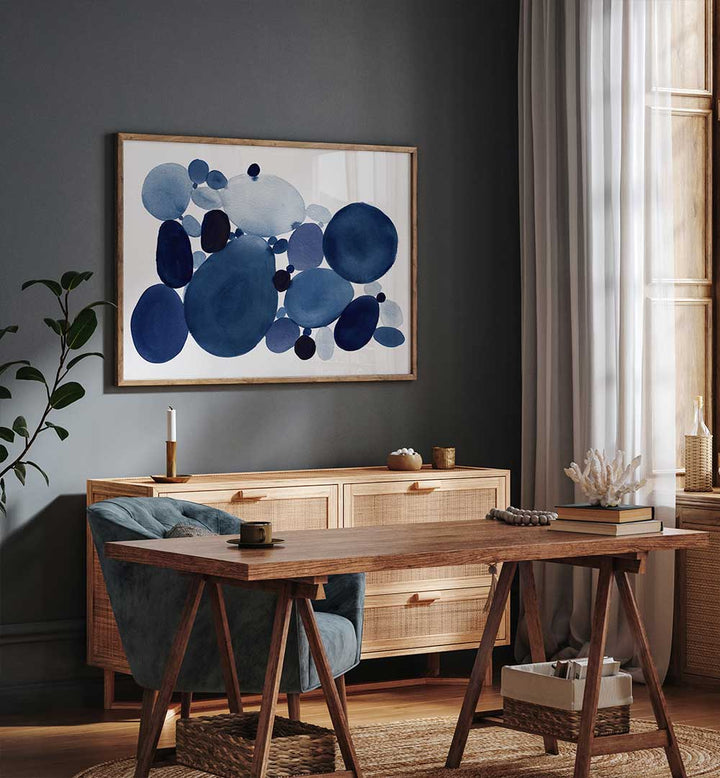 Elegant living space featuring the BLUE WATERCOLOR STONES II, ABSTRACT PAINTINGS, enhancing tranquility and style.