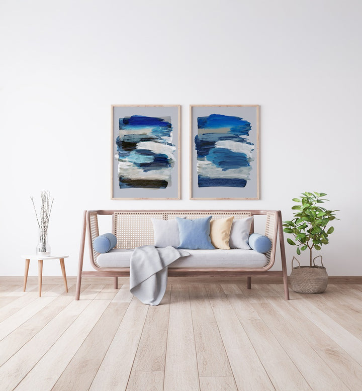 BLUE ABSTRACT STROKES SET , SET OF 2 PAINTINGS