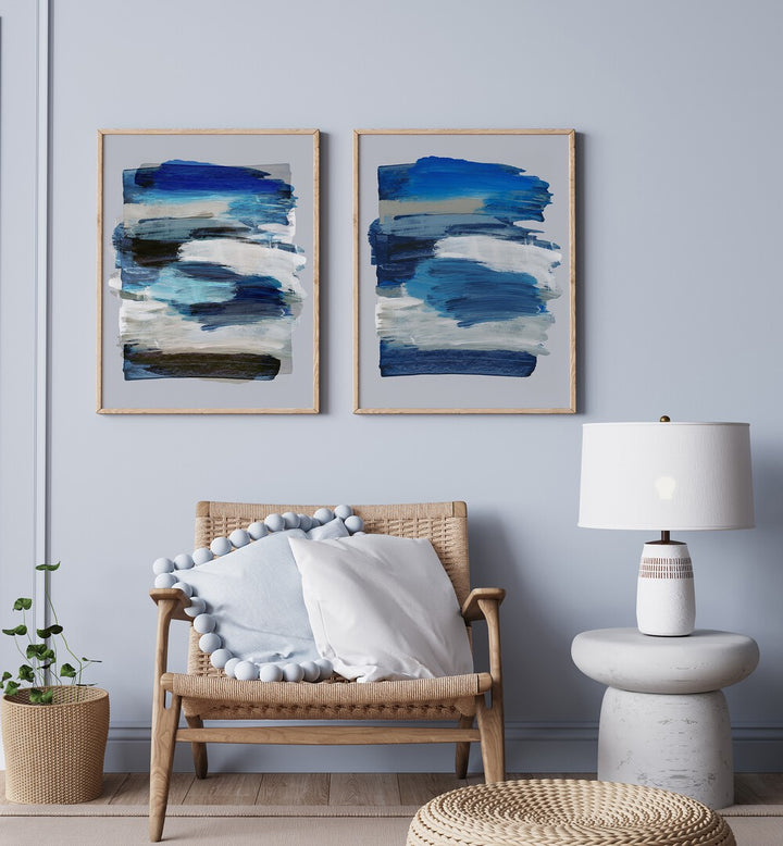 BLUE ABSTRACT STROKES SET , SET OF 2 PAINTINGS