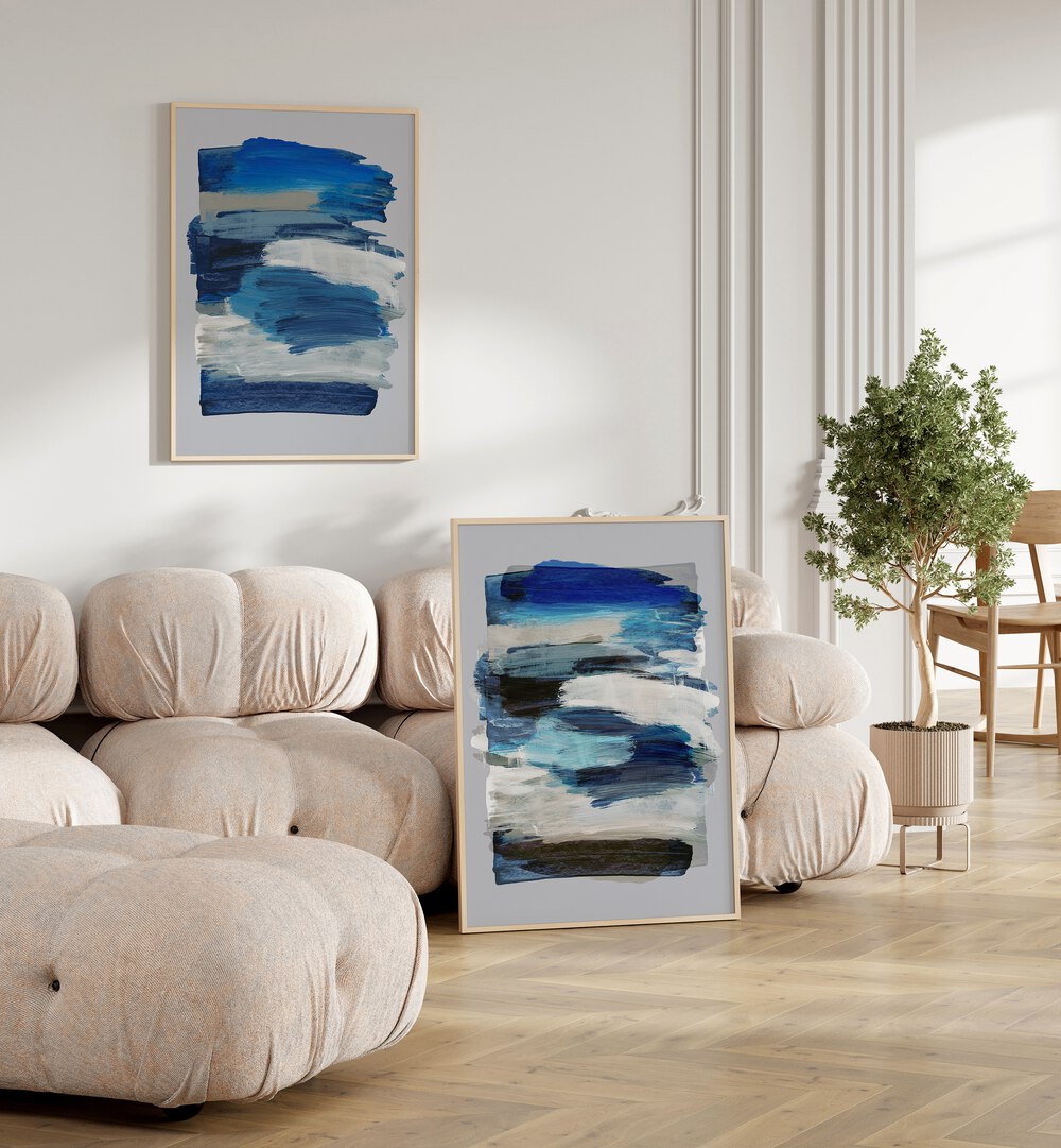 BLUE ABSTRACT STROKES SET , SET OF 2 PAINTINGS