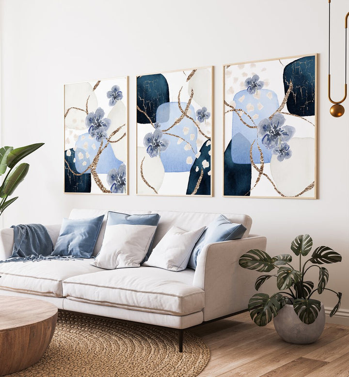 BLUE BLOSSOMS SET , SET OF 3 PAINTINGS