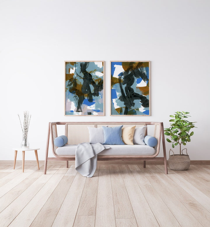 BLUE DANCE ABSTRACTION SET , SET OF 2 PAINTINGS