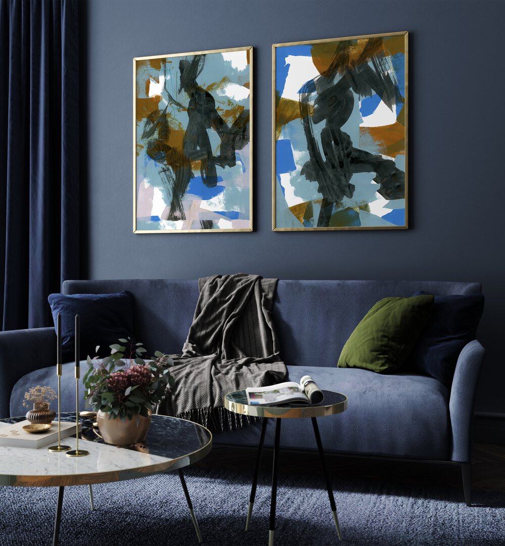 BLUE DANCE ABSTRACTION SET , SET OF 2 PAINTINGS