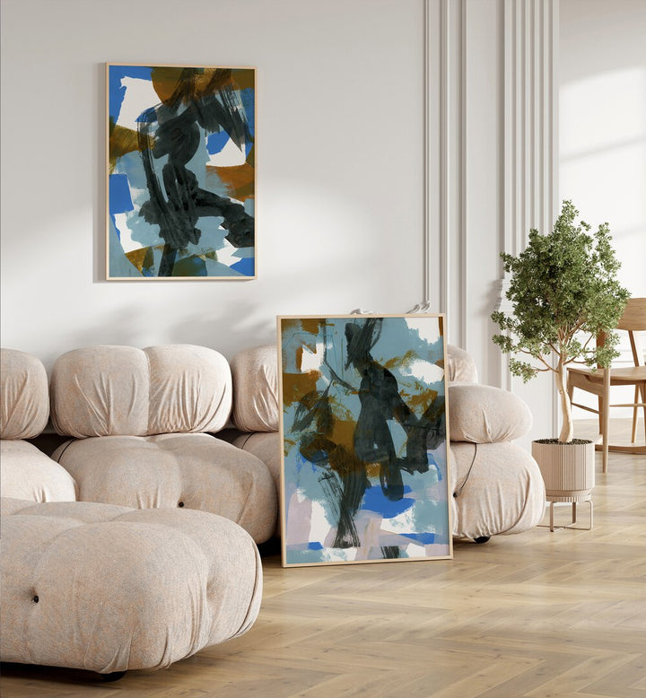 BLUE DANCE ABSTRACTION SET , SET OF 2 PAINTINGS