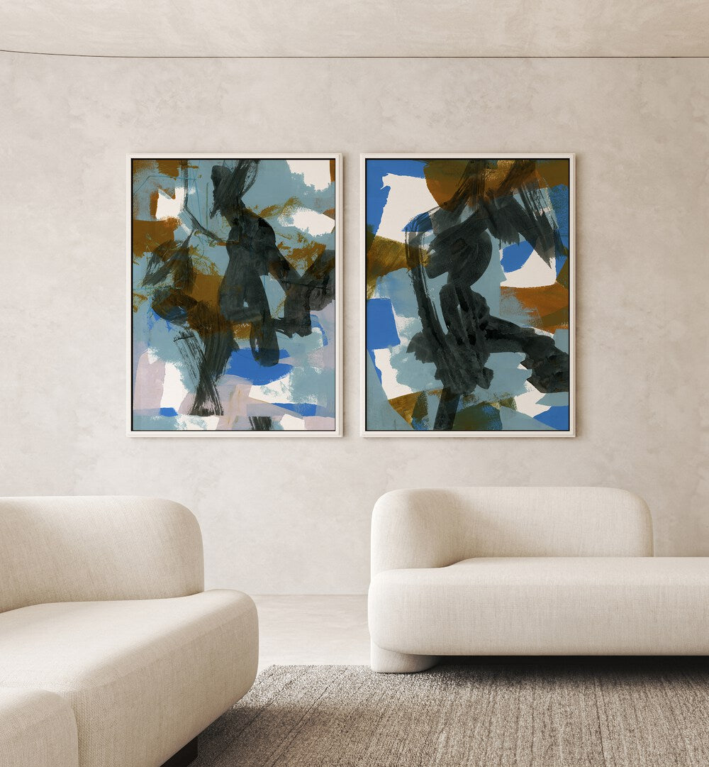 BLUE DANCE ABSTRACTION SET , SET OF 2 PAINTINGS