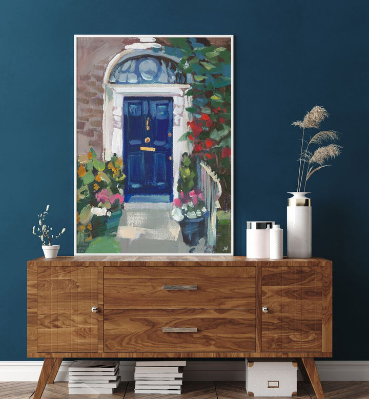 Stunning BLUE DOOR, FLORAL FLOWER PAINTINGS brightening a modern interior with vibrant colors and artistic charm.