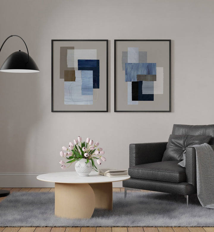 BLUE LAYERED PIECES SET , SET OF 2 PAINTINGS