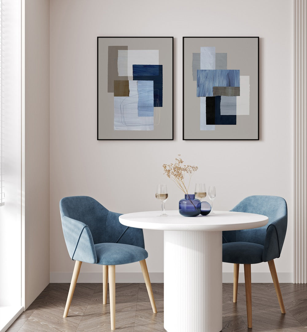 BLUE LAYERED PIECES SET , SET OF 2 PAINTINGS