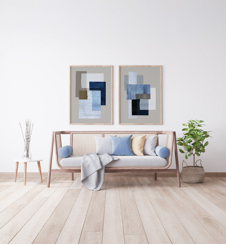 BLUE LAYERED PIECES SET , SET OF 2 PAINTINGS