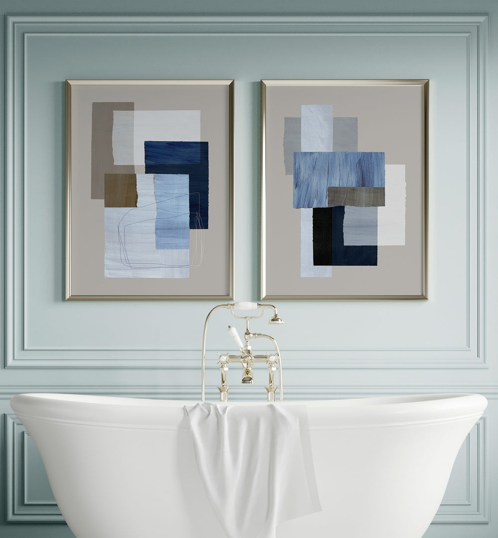 BLUE LAYERED PIECES SET , SET OF 2 PAINTINGS