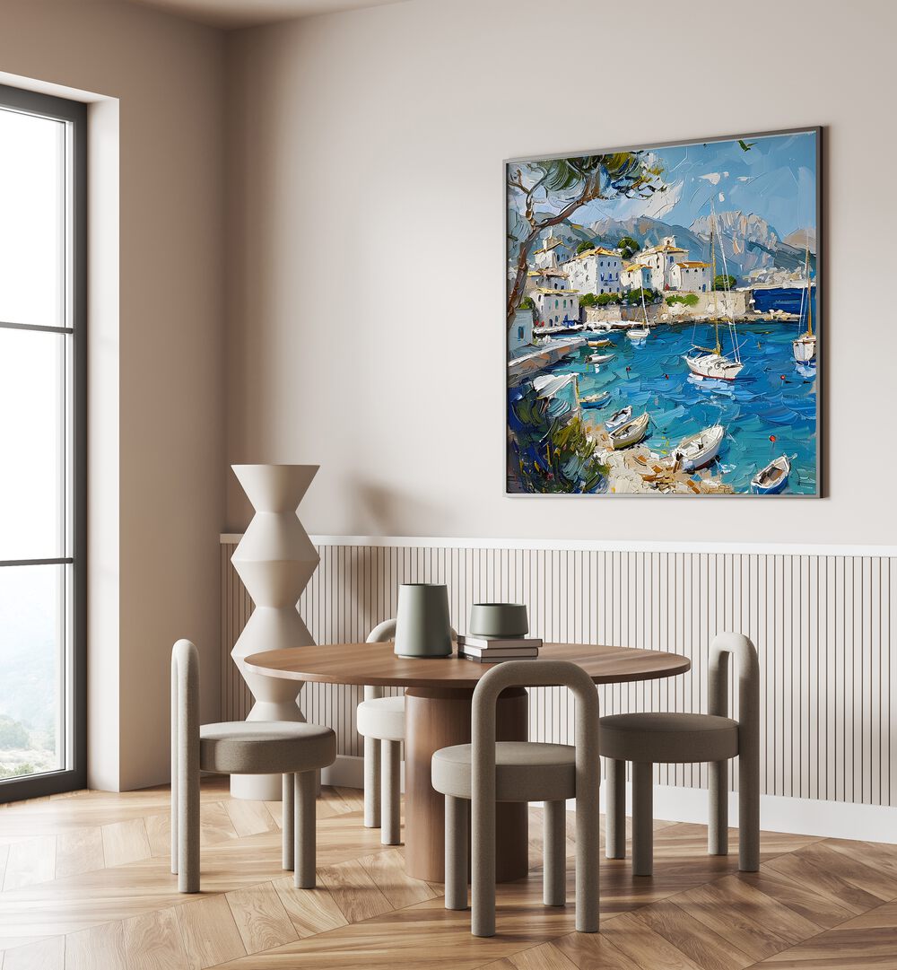 Tranquil dining space featuring the BLUE MEDITERRANEAN SEA MALLORCA artwork, evoking vibrant Mediterranean beauty.