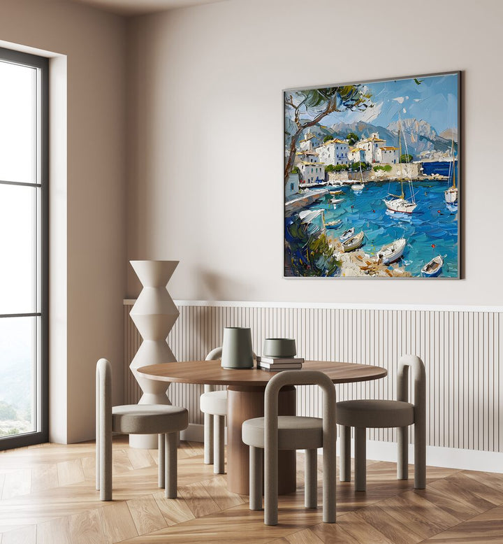 Tranquil dining space featuring the BLUE MEDITERRANEAN SEA MALLORCA artwork, evoking vibrant Mediterranean beauty.