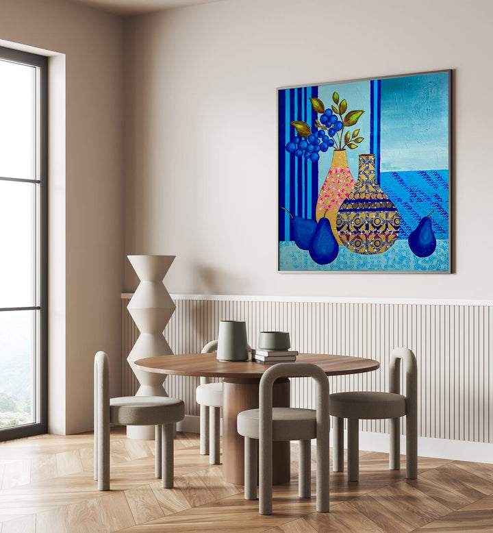 Stunning BLUE MORNING, KITCHEN POSTERS enhancing a chic dining area with vibrant colors and elegant design.