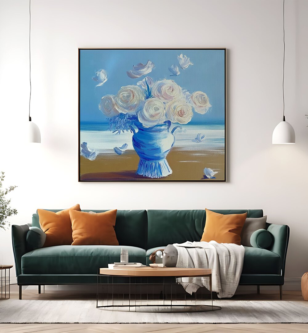 Elegant BLUE ROSES ON THE BEACH artwork enhances any space with its artistic beauty and natural charm. Perfect centerpiece.