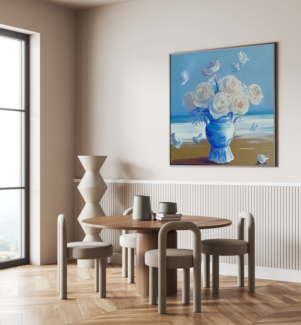 Elegant BLUE ROSES ON THE BEACH centerpiece, blending nature's beauty with artistic flair for your home decor.