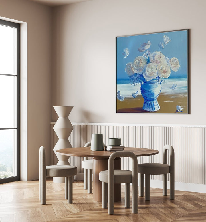 Elegant BLUE ROSES ON THE BEACH centerpiece, blending nature's beauty with artistic flair for your home decor.