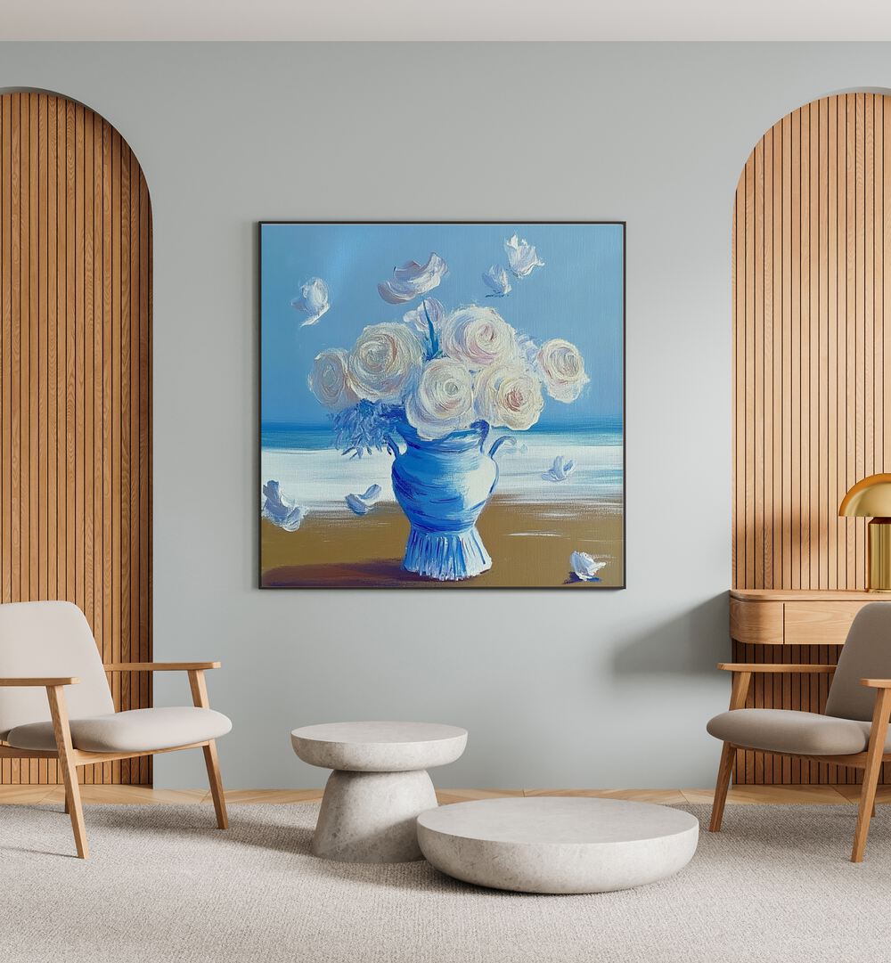 Elegant BLUE ROSES ON THE BEACH painting, a stunning centerpiece enhancing any space with artistic beauty.