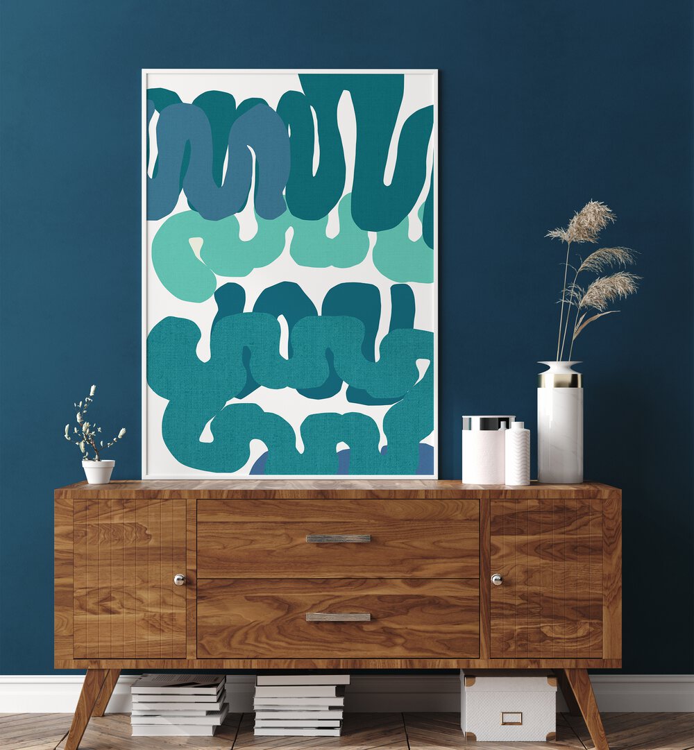 Vibrant BLUE SQUIGGLES II, ABSTRACT PAINTINGS featuring dynamic blue patterns, perfect for any art collection or workspace.