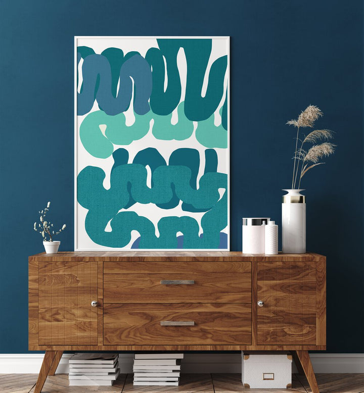 Vibrant BLUE SQUIGGLES II, ABSTRACT PAINTINGS featuring dynamic blue patterns, perfect for any art collection or workspace.