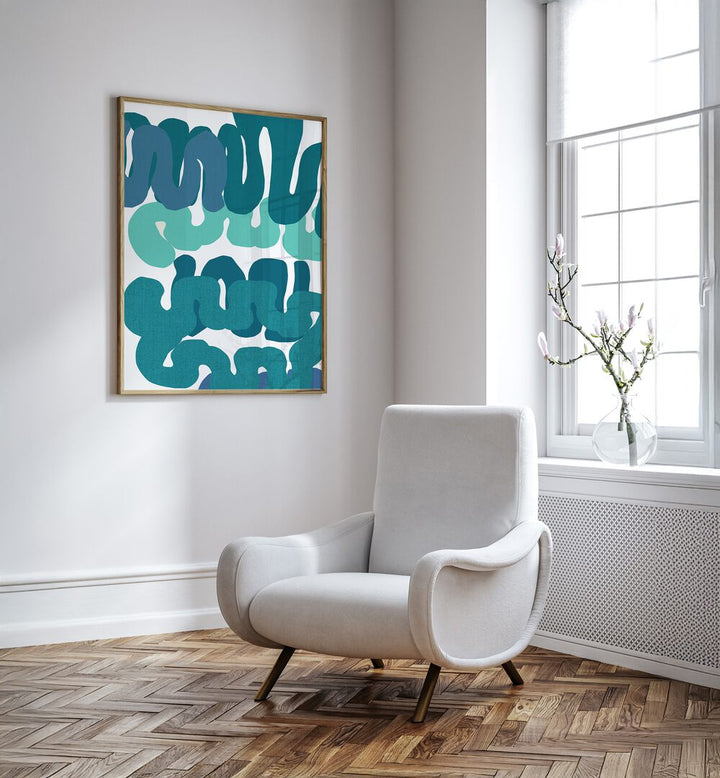 Vibrant BLUE SQUIGGLES II, ABSTRACT PAINTINGS adorn a modern space, showcasing dynamic blue patterns that energize.