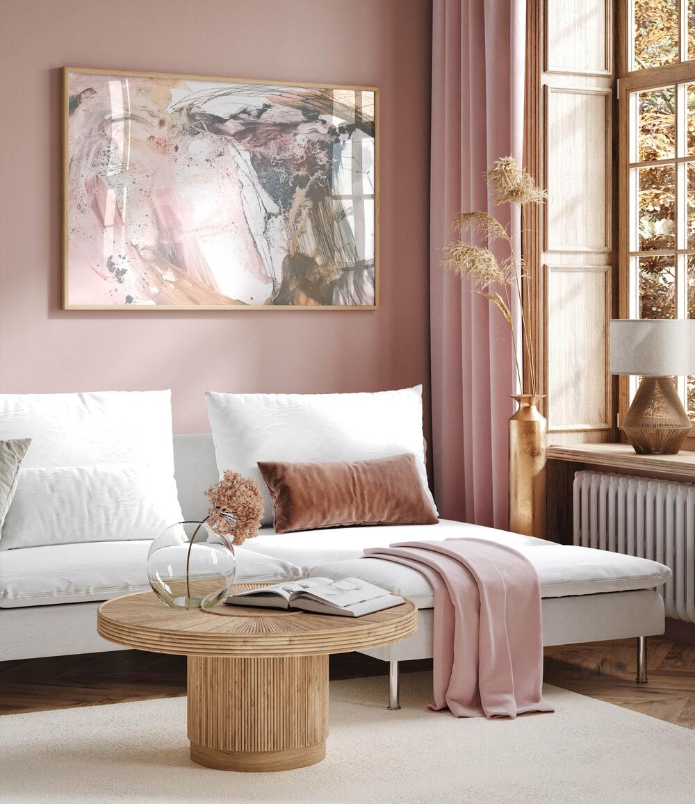 Stylish living room featuring BLUSH STORM, ABSTRACT PAINTINGS with soft pink hues and dynamic patterns for modern decor.