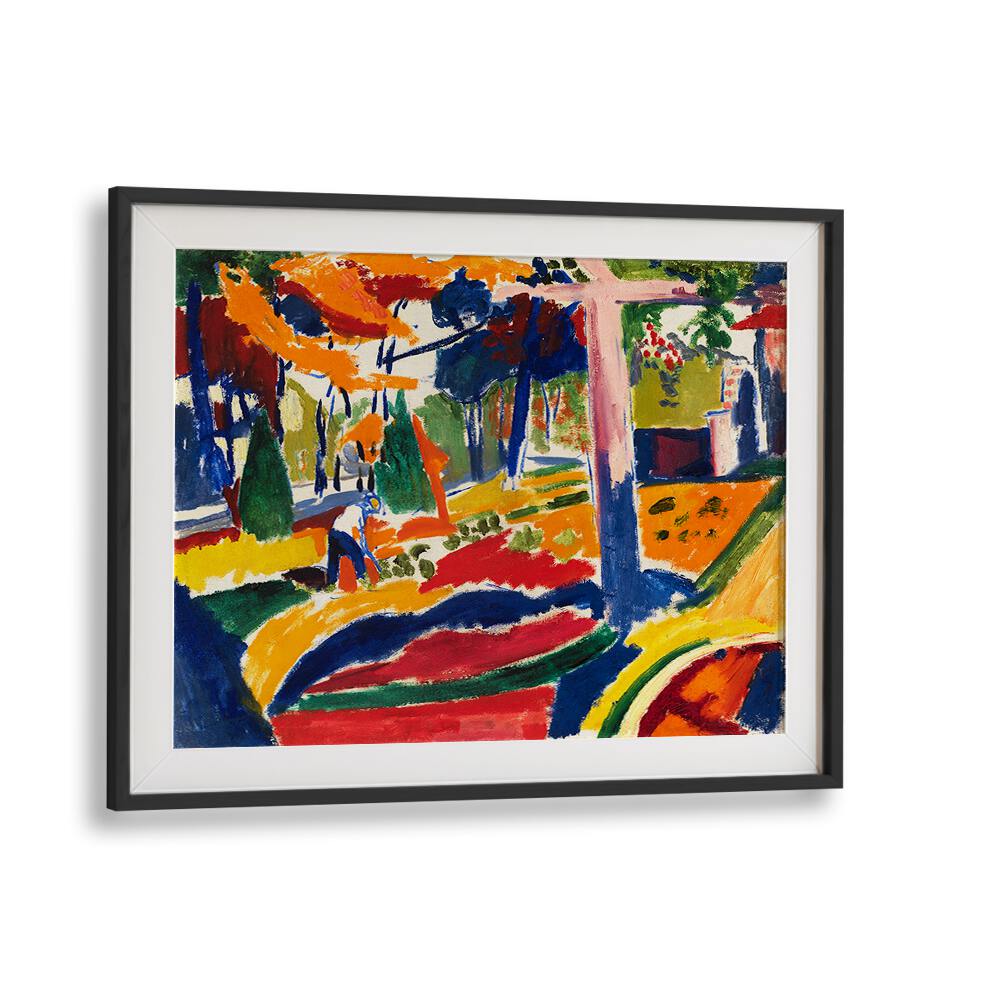 The framed vintage painting, "GARDEN (CA.1915)" by Asianmonk, bursts with vibrant colors of red, yellow, blue, and green on museum-grade canvas. Capturing an outdoor scene with trees, a figure, and buildings through bold brush strokes, this piece is part of the esteemed Masters Art collection and features a simple thin black border.