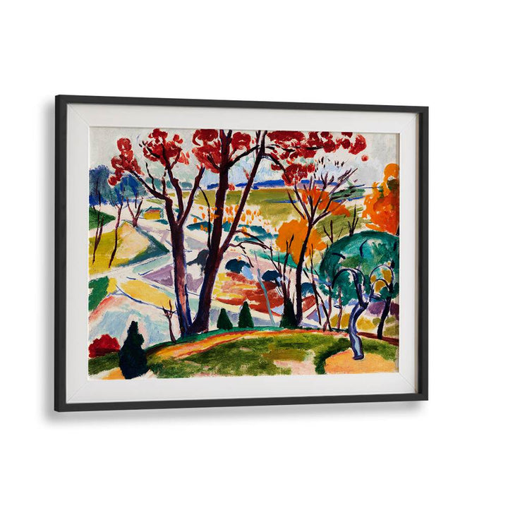 This framed painting from Asianmonk, titled "LANDSCAPE, BRIDGE, HUNTINGDON VALLEY (CA.1915 - 1916)," showcases a vibrant landscape with colorful trees in red, orange, and green foliage. This vintage painting from the Henry Lyman Saÿen collection features a rolling hillside and pathway, rendered in an abstract art style with bold brushstrokes reminiscent of giclee printing techniques.