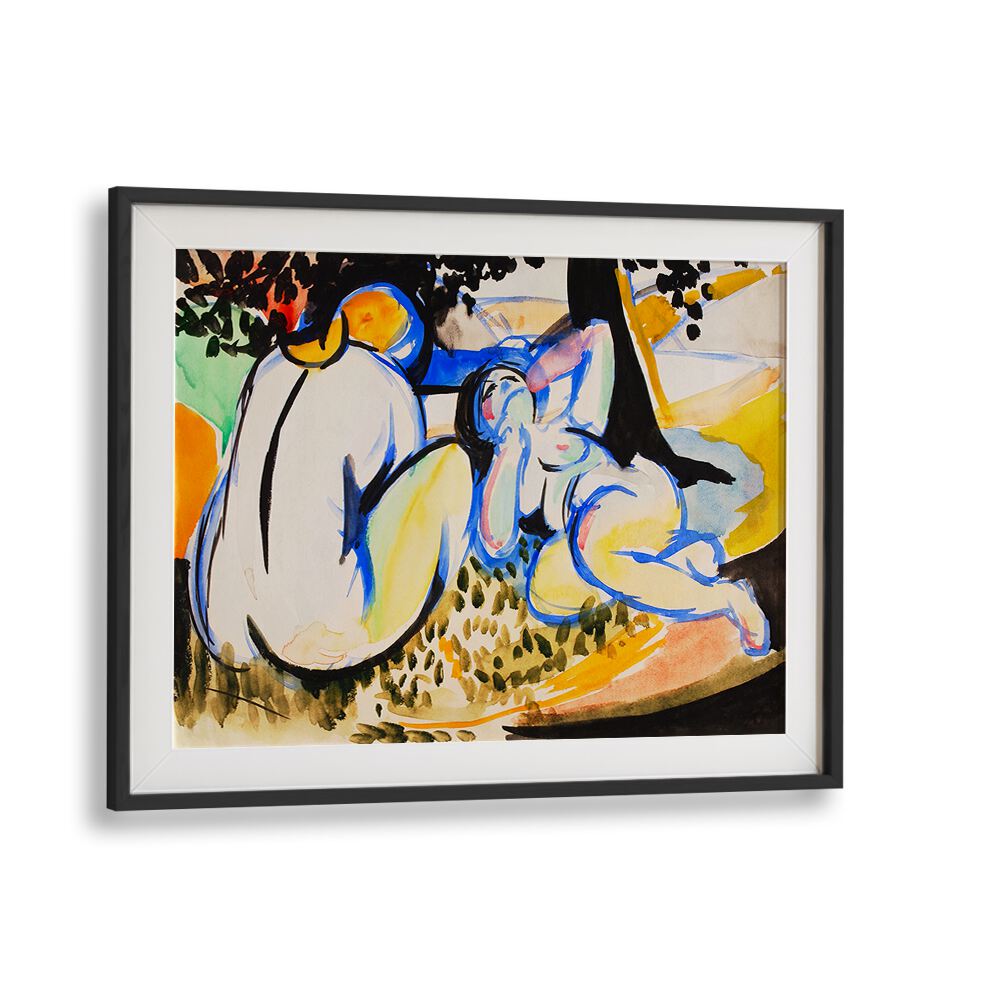 A framed painting from Asianmonk's NUDES (1915 - 1918), VINTAGE PAINTINGS features two abstract, colorful human figures under a tree. One figure sits with their back to the viewer, while the other reclines amidst vibrant strokes of blue, yellow, and orange, expertly rendered using the giclee printing technique.